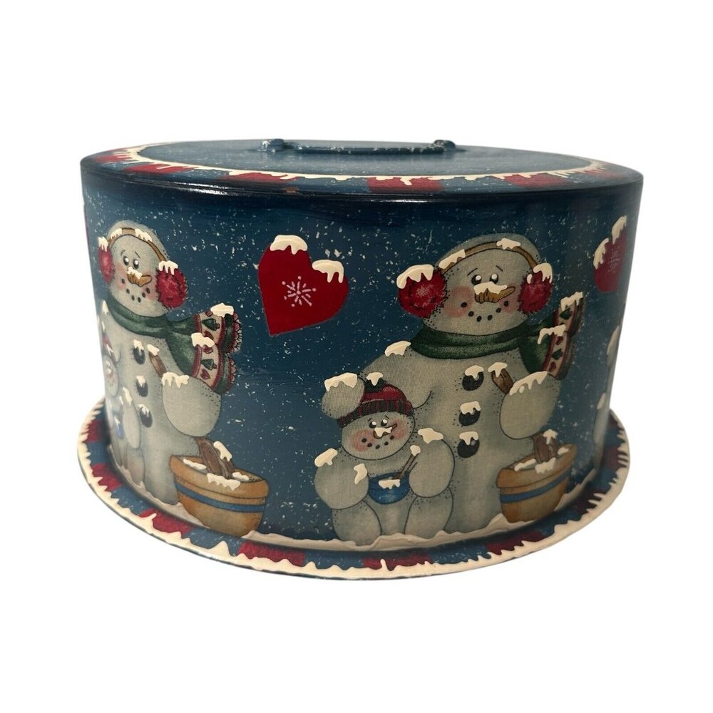 Vintage Metal Cake Carrier Christmas Holiday Snowman Painted - Picture 10 of 16